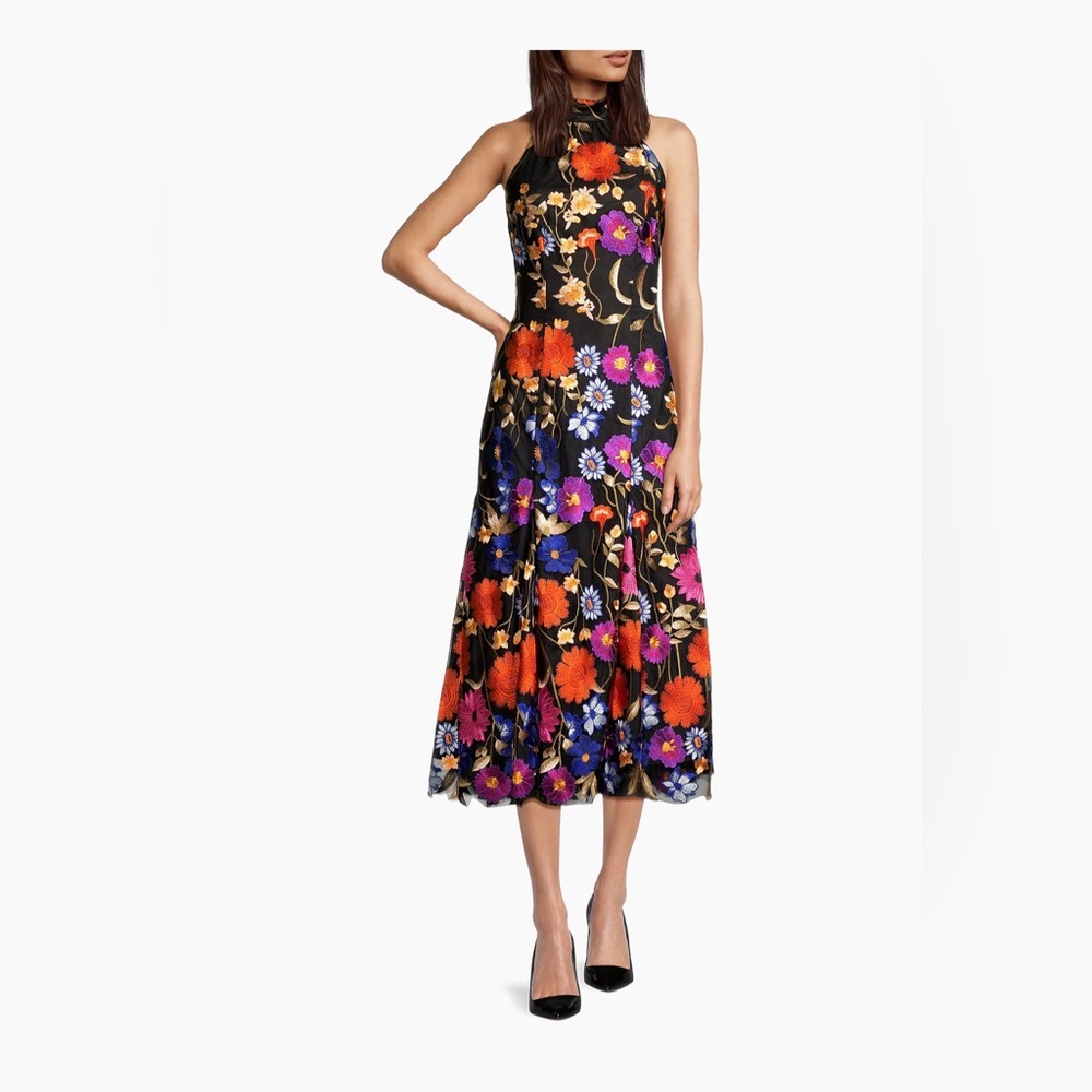Milly Black Floral Dress with Orange and Purple Accents